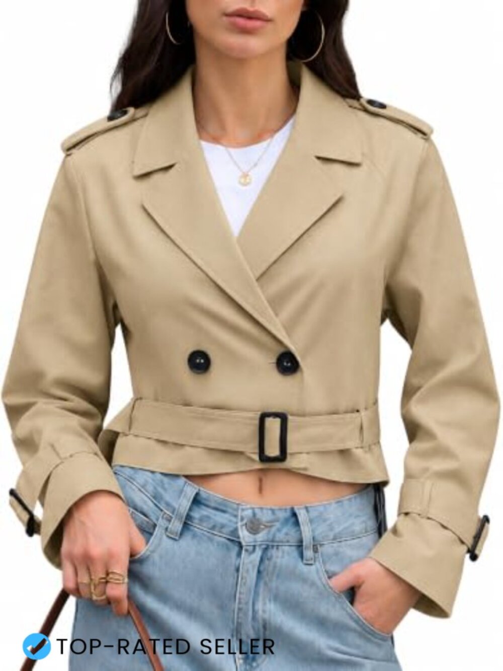Women's Cropped Trench Coat Belted Short Windproof Jacket